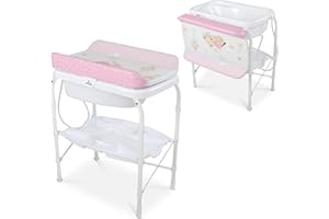 Toral Bañera Cambiador Bebe Mueble con Patas - Bañera Bebe Con Bandeja Separadora y Ruedas con Freno - Cambiador con Medidor de Altura - Modelo Valeria Rosa
