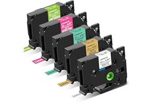 Aken 5 x Coloured Label Compatible with Brother 12mm Compatible with Brother P Touch Label Maker 1000 H100R H110 D210 D400, Black on White/Turquoise Blue/Matt Gold, White on Lgiht Green/BerryPink