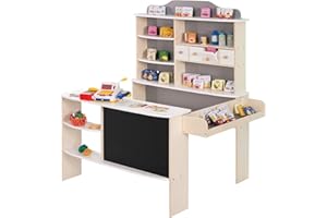 roba Negozio Giocattolo per Bambini - con 4 Cassetti, Lavagna, Bancone Frontale e Bancone Laterale - con Accessori Inclusi - Gioco Olistico - Legno Laccato Bianco/Grigio