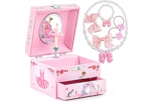 MS. WENNY Girl's Musical Jewelry Box with Spinning Ballerina and Jewelry Set, Ballerina Girl with her Cat and Puppy Design with Pullout Drawer, Gift for Girls, Swan Lake Tune