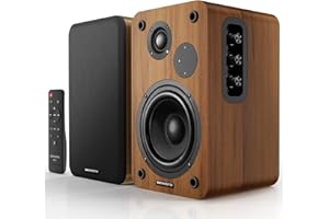 MEVOSTO Aktive Regallautsprecher 36W RMS | Kabellose BT 5.4 PC Lautsprecher mit 5'' Woofer | USB-Digital Audio, Einstellbarer Bass & Höhen, Studio Monitor mit RCA für Plattenspieler & TV - Holzoptik