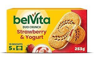 Belvita Duo Crunch Strawberry & Yogurt Breakfast Biscuits, Nutritious Morning Snack (5 x 50.6 g) (Pack of 18)