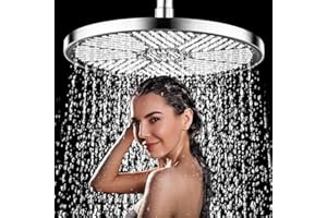 LONGHEXINA Shower Head High Pressure, Rainfall Shower Head 10 Inch, Adjustable Replacement Showerhead with Swivel Ball, Round Overhead Shower Head with Chrome Finish Universal Fittings