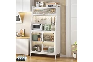 YOIZO Mueble Auxiliar de Cocina Estantería Cocina Blanca 36x86x162cm con Puertas y Estantes, 5 Niveles Estanteria 4 Patas Ajustables y Ruedas Giratorias Blanca, (86cm)