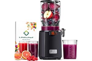 LINKChef Slow Juicer 250 W för Frukt och Grönsaker, 13 cm Bred Matningsöppning, 1,8 L Juicebehållare, BPA-fri, Enkel att Rengöra, Receptbok Ingår