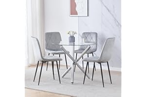 Homullel Round Dining Table and 4 Chairs, 4 Seater Table and Chairs Set for 4, Compact Kitchen Dining Room Set for Space Saving, Glass Tabletop 90 cm (Velvet Diamond Grey, 4 Seaters)