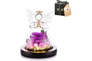 Glasseam Eternal Rose Gifts for Her, Preserved Roses in Glass Dome, Purple Forever Rose Angel Ornament with LED Light, Romantic Anniversary Birthday Gifts for Women, Forever Rose Gift for Mum