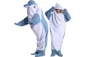 HULG Delfino Blanket - Coperta Delfino - in Morbidissima E Accogliente Flanella con Cappuccio, Tuta Delfino, Coperta Delfino con Cappuccio, Sacco A Pelo Delfino Indossabile per Adulti (Blue,M)