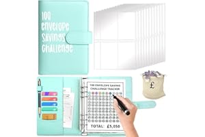 RHZXD 100 Envelope Challenge Binder, Sky Blue Saving Challenge Binder, Cash Binder, Savings Binder, Money Saving Envelope for School, Home, Office