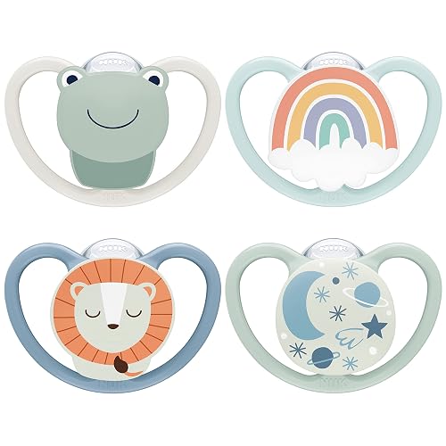 NUK Space Day & Night Baby Dummy, 0-6 Months, Glow in the Dark Dummy with Additional Openings for Sensitive Skin, BPA-Free Silicone, Frog & Lion, Pack of 4