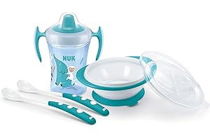 MAPA NUK Kindergeschirr Set mit Trainer Cup Trinklernbecher | Ess-Lernschale mit 2 Deckel & Baby Fütterlöffel (x2) | 6+ Monate | Blau