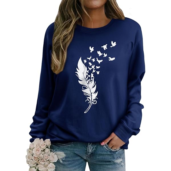 Dresswel Sweat Femme Imprimé Plume & Oiseau – Pull Col Rond Manches Longues Coton Mélangé – Pull Oversize Automne Hiver Confortable