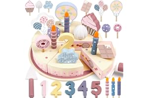Airlab Wooden Birthday Cake Toy, Wooden Toy Kitchen Accessories and Tea Party Set for Toddlers, Play Food for Children Kitchen, Role Play Educational Toys for 2 3 4 5 Year Olds Girls Birthday Gift
