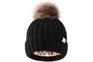 Hat Hut Bonnet Enfant d'hiver Doubles Pompons, Bonnet Doublé en Satin pour Cheveux, bébé Chaud Chapeau Tricoté Doux Beanie Garçons Filles