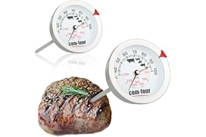 COM-FOUR® 2x Termómetro para asados - Termómetro para carne de 2 zonas con pantalla de control del punto de cocción - Termómetro analógico para parrilla y horno - Aguja para carne (2 piezas - 2 zonas)