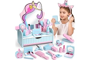ATOYLINK Unicorno Postazione Trucco in Legno, Trucchi Bambina Toeletta con Specchiera Cassetti Set & Parrucchiera Bambina Bellez Accessori Unicorno Giochi Giocattoli Regalo per Bambini Ragazza 3 4 5 6 7 Anni