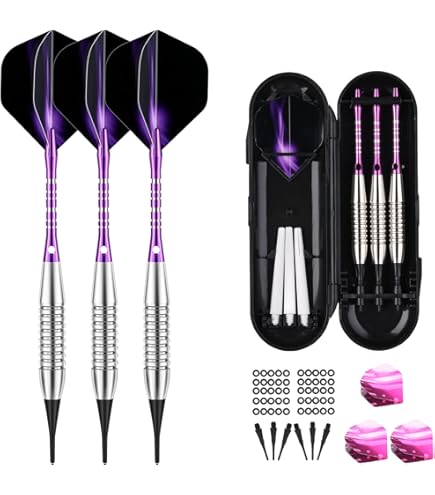 GZWY Lot De 3 Fléchettes Souples Avec Pointe En Plastique, 18 G, 11 Ailettes, 8 Pointes En Plastique, 12 Anneaux En Caoutchouc Anti-lâche Et Sac De Rangement (violet