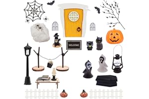 ROSEDREAMER Halloween Puppenhaus Dekoration 38 Stück Wichtel Zubehör Halloween Puppenhaus Zubehör Miniatur Holz Wichteltür Set Skelette Spinnen Fledermäuse Kürbis-Elfe Geist Halloween Party Dekoration