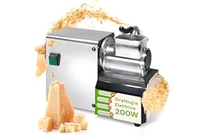 Avilia Rallador eléctrico profesional para queso, de acero inoxidable, 200 W, ideal para queso, chocolate, pan – Corte ajustable, 32,5 × 15 cm – Fabricado en Italia
