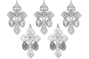 CARITAS ET FIDES Gifts Catholic, Inc. Lot of 5 Pardon Indulgence Crucifix with Miraculous Medal and St Benedict Medal 2 1/8", metal, ceramic, Silver, No Gemstone