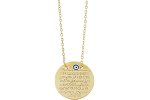 Remi Bijou Collier avec plaque gravée - Ayetel Kursi - Couleur or - Mauvais œil musulman - Œil turc Nazar Boncuk, Verre, Zircone cubique, Verre, Zircone cubique