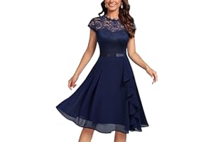 MIUSOL Women's Vintage Lace Contrast Chiffon Ruffles Classy Party Flared Swing Dress