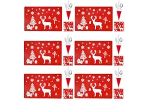 MQIAN 18 Pcs Set Christmas Placemats, Coasters & Cutlery Holders - Red, Snowflake Pattern, 28 cm x 42 cm, PVC Material, Easy to Clean