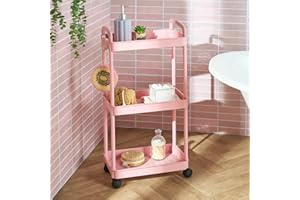 OHS Rolling Storage Cart 3 Tier Plastic Storage Trolley on Wheels Kitchen Trolleys for Book Beauty Organiser Utility Cart for Living Room Bathroom Office, Blush Pink