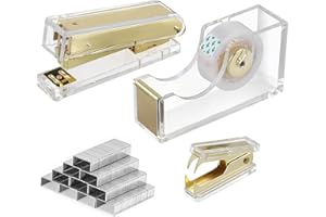 MSDADA Juego de Grapas, Grapas Acrílicas Transparentes, Accesorios de Escritorio, 3 Juegos con 1000 Grapas, Quitagrapas, Dispensador de Ccinta (Oro)