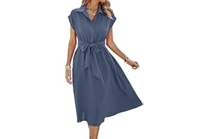 ASOMI Sommerkleid Damen Hemdkleid Kurzarm: Elegant Kurzarm Strandkleid Büro Wickelkleid Mode Tasche Hemdblusenkleid Lässig Blusenkleid Midikleid Knopf Plisseekleid V-Ausschnitt Gürtel