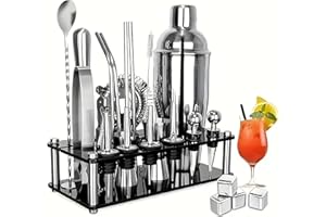 Bestyks Boston - Set di shaker da cocktail con supporto in acrilico, 25 pezzi, accessori per bar, barista, set da cocktail mixer, 750 ml, set da barista premium per casa, bar