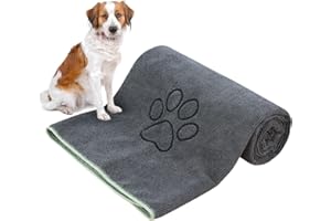KinHwa Serviette pour Chien Super Absorbant，76cm x 127cm Grande essuie Patte Peignoir Chien séchage Rapide avec Brodé Patte Impression de Nettoyage pour la Pluie,la Douche et la Natation Gris