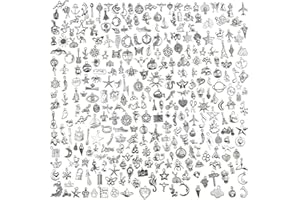 Aokbean 300pcs Bulk Silver Jewellery Making Craft Charms Set DIY Bracelet Necklace Small Jewlery Accessories Earring Beads Keyring Decoration Kit Mini Star Moon Metal Pendant Supply For Girl Adult