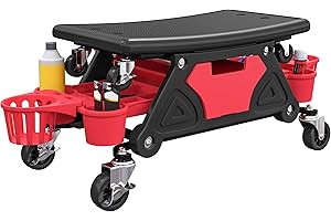 HOMCOM Tabouret d'atelier Mobile Charge Max 135 kg, Tabouret de mécanicien avec roulettes Rotatif à 360° avec Plateaux, tiroir et Porte-Bouteilles, siège Roulant pour réparation Auto Garage, Rouge