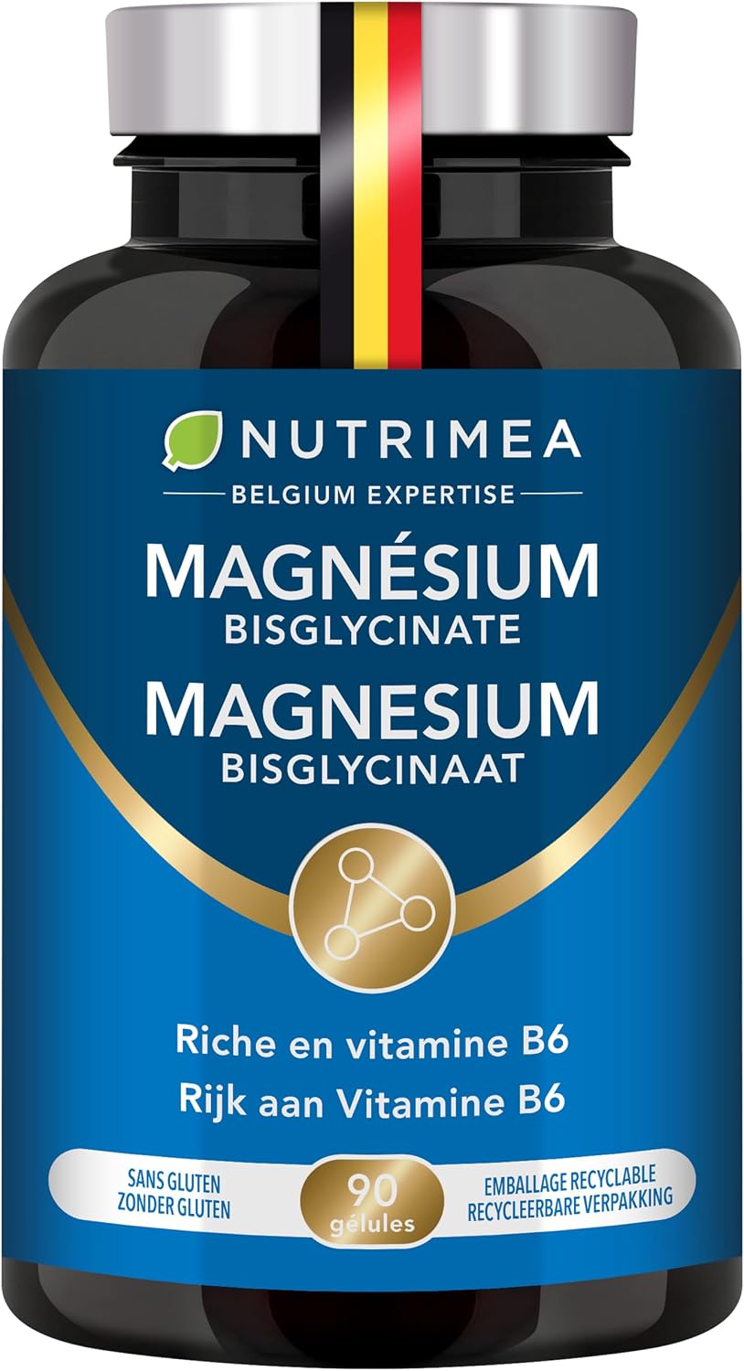 Magnésium Bisglycinate + Vitamine B6-90 Gélules Vegan - Nutrimea | Sommeil, Stress, Fatigue - Absorption Maximale & Assimilation Facilitée - 90 Gélules Vegan - Expertise Française