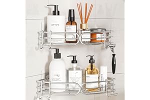 pickpiff Estante de ducha sin taladrar, estantería de esquina para baño, 2 unidades, organizador de baño, estante de baño, cesta de ducha, champú, soporte para ducha con 4 ganchos, acero inoxidable