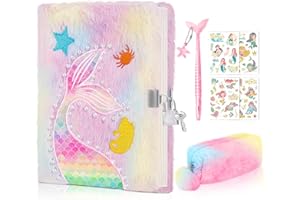 Homicozy Tagebuch Mädchen mit Schloss, Briefpapier Mädchen, Mermaid Notizbuch mit Plüsch, Privates Notizbuch mit Meerjungfrau Stift und 4 Meerjungfrau Aufkleber, Mädchen Geschenk (pink)