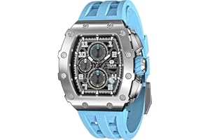 TSAR BOMBA Montre Homme Montre de Luxe Etanche 50M Tonneau Analogique Chronometre Squelette Carrée Grand Cadran Plongee Sport Montres Mouvement Japonais Bracelet Silicone Miroir Saphir Lumineux