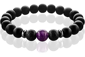 FABACH Chakra Perlenarmbänder mit 8mm Schmuckstein-Perlen, Lavastein und Onyx-Stein (schwarz) - Yoga Armbänder aus Heilsteinen - Energiearmbänder für Damen und Herren