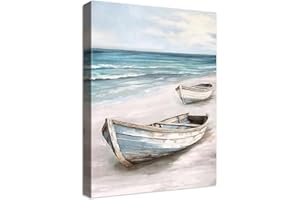 HALFLEMART Cadre en Bois Impression sur Toile Bateau Bleu Blanc Mer Tableau Affiche Decoration Murale Image sur Toile Plage de sable Images Bateau Côte Tableau Decoration Murale Salon Chambre à coucher 30x40cm