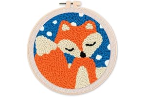 Figured'Art Punch Needle Kit Complet pour Adultes et Enfants - Petit Renard et Ciel Bleu - Parfait pour Débutant. Set prêt à broder taille 20x20cm avec cadre circulaire