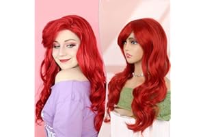Creamily Pelucas largas onduladas y rizadas de color rojo con flequillo para mujer Peluca larga ondulada y rizada Peluca de pelo sintético para fiesta de cosplay de Halloween para mujer