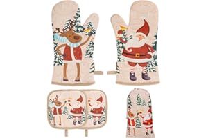 BESTonZON Oven Mitts and Pot Holders Set of 4, 500F Heat Resistant Oven Gloves with Silicone Non-Slip for Kitchens, Grilling, Cooking, Baking (Christmas)