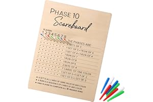 BOXOB Fogli Segnapunti Fase 10, 2025 Fun in Legno Tabellone Segnapunti Fase 10 & 8 Pioli Colorati Accessori per Giochi di Carte Phase 10 Gioco Carte Fase 10 per Feste in Famiglia Serate Giochi Adulti