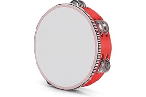 Flexzion Wood Handheld Tambourine Adults 8-Inch Double Row 8-Pair Jingles (Red) - Percussion Round Tamborines Musical Instrument with Metal Zills