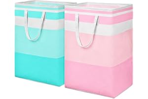 NIDOUL 2-Pack 75L großen Wäschekorb, zusammenklappbar freistehende Kleidung Spielzeug Lagerung Wäschekorb schmutzige Kleidung Veranstalter mit verstärkten Griffen für Schlafsaal Schlafzimmer Bad, rosa grün