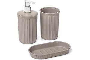 Tatay Set de 3pcs Sobremesa de Baño (Vaso + Dosificador + Jabonera) Baobab, de Plástico, Libre de BPA, Taupe, 6391003
