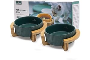 GLÜCKPET Cuenco de Cerámica para Gato, Pack de 2, Base de Madera de Bambú, 400 mL, Verde