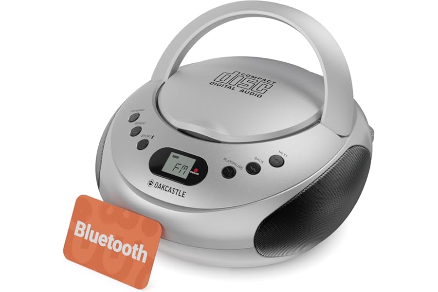 Portable Bluetooth CD Boombox with FM radio | CD, CD-R, CD-RW | 30 Presets | Easy Controls, LED Display, Headphone Jack | OAKCASTLE CD250 (Silver)