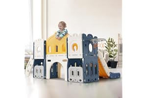 JOROBURO Set di scivoli 6 in 1 per bambini, scivolo con canestro da basket, parco giochi per interni ed esterni, set da gioco autoportante per bambini, design sicuro e premuroso per i bambini (blu)